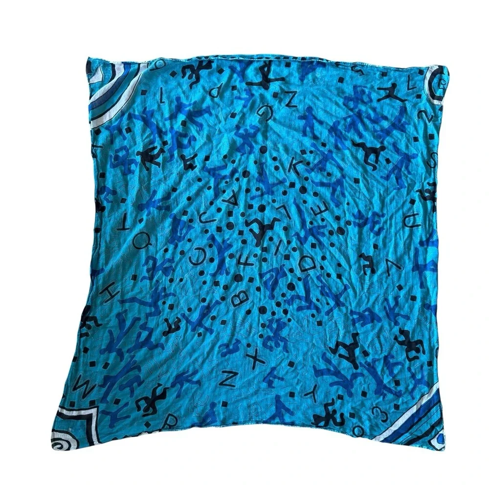 Keith Haring-style dancing figures and alphabet letter pattern Scarf Blue Art